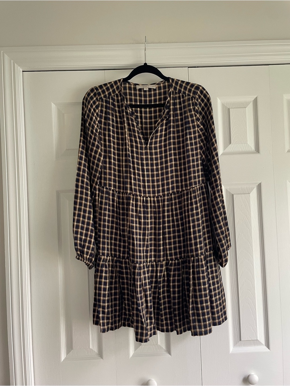 LOFT Plaid Tiered Long-Sleeve Dress